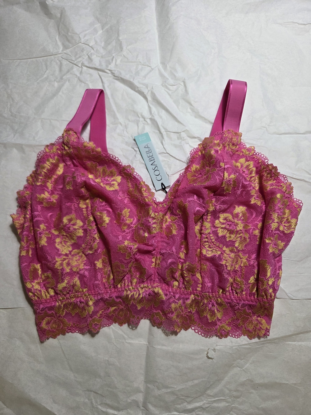 Cosabella Hot Pink Lace Bralette with Yellow Floral Embroidery